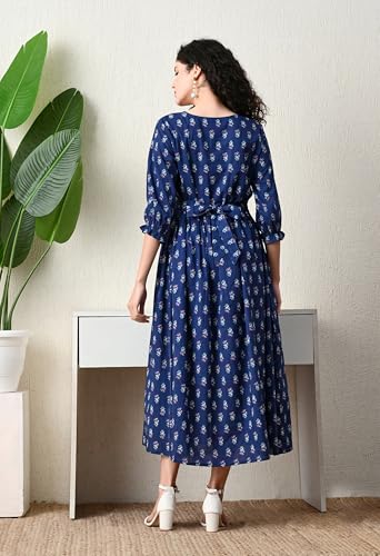 Image of Ichaa Women's Blue Cotton Printed Maternity Dress with Feeding Zips and Pocket| in Plus Sizes