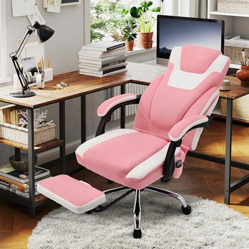 Image of Massage Office Chair with Foot Rest,6-Point Vibration & Heat Executive Office Chairs,Ergonomic Desk Chair for Heavy People,Big and Tall Fabric Office Chair 500LBS,Reclining Managerial Chair,Pinkwhite