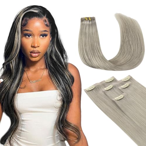 Lashey Seamless Clip in Hair Extensions Human Hair 4pcs 37g Grey Hair Extensions Straight Real Human Hair 16 Inch