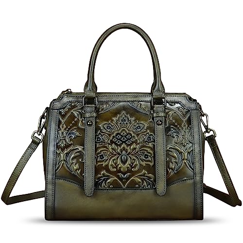 Image of Genuine Leather Purses and Handbags for Women Vintage Embossed Leather Satchel Bags Crossbody Shoulder Bag Strap