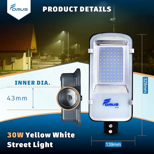 Image of Forus 30W LED Street Light Outdoor with 4 Year Warranty, High Lumen 120 lm /W Waterproof Yellow Light, Energy Saving Aluminium LED Street Lamp for Road, Parking Lot, Industrial Area Lighting (1 PC)
