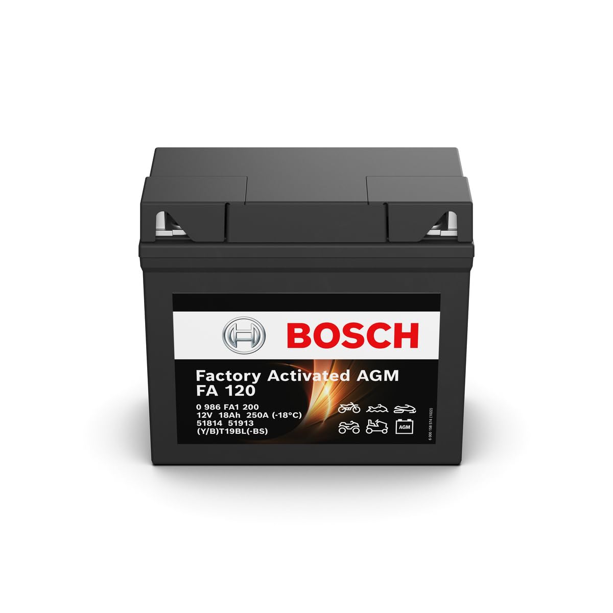 Bosch FA120 - Batería para Motocicletas AGM - 12V 250A 18Ah - Adecuada para motocicletas, motos de enduro, scooters, quads, motos de agua - Compatible M4F45, M4F41, 51814, 51913, BT19BL-BS, BT19BL