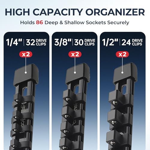 Image of Reniteco 6-Pack Socket Organizer Set, 1 /4 inch x 32 3 /8 inch x 30 1 /2 inch x 24 Clips | 86 Clip Capacity, Havy-Duty ABS Socket Rails, Removable Clips, Drive Socket Storage, Toolbox Drawer or Wall Mount