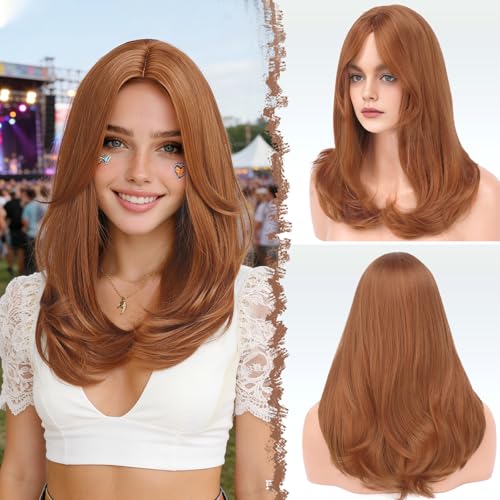 Image of FESHFEN Wigs with Bangs for Women, Synthetic Natural Looking Long Layered Straight Hair Wig for Women Daily Party Costume, 18 inch Copper Red