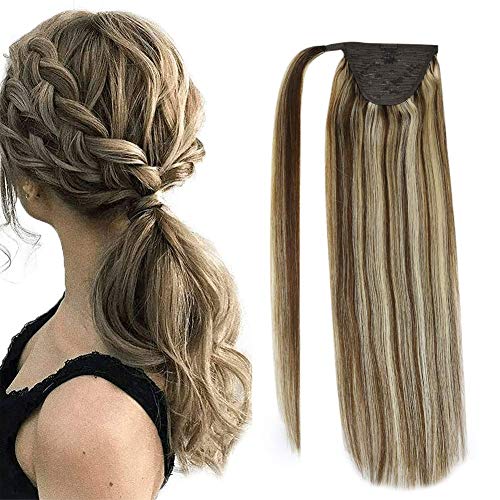 【10% Off】Sunny Clip in Ponytail Extensions Highlighted 20 inch Wrap Around Ponytail Extensions Highlighted Brown and Blonde Remy Hair Straight 80g