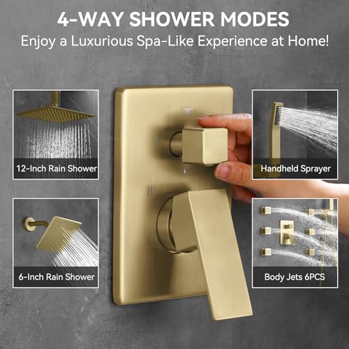 Image of Shower System Brushed Gold Dual Shower Head with Body Jets, Oupukle Four Modes Shower Faucet Set Ceiling Mount 12 inch Rain Shower Head & 6 inch Wall Mounted Head with 6PCS Body Jets