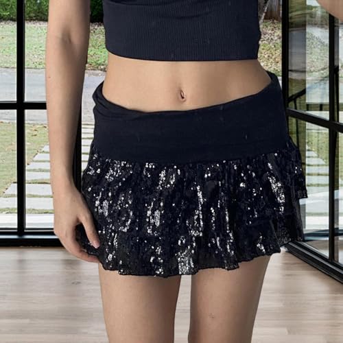 Cathery Women's Sequin Mini Skirts Mid Rise Tiered Ruffled A Line Layered Tiered Sparkly Party Club Going Out Short Skirt3