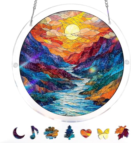 WOODBESTS Acrylic Jigsaw Puzzle Suncatcher 83 Pieces-Glazed Mountain Moon DIY Acrylic Puzzle Sun Catcher Window&Garden Decor Unique Gifts for Mom Women Wife Sisters Aunt Besties 8.2in