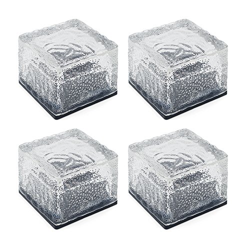 TECBOX Solar Garden Brick Light，Creative Ice Cube Lights Waterproof LED Frosted Glass Brick Rock Lamp In-ground Buried Lights for Outdoor Bar Path Pond Home (4PCS-White)