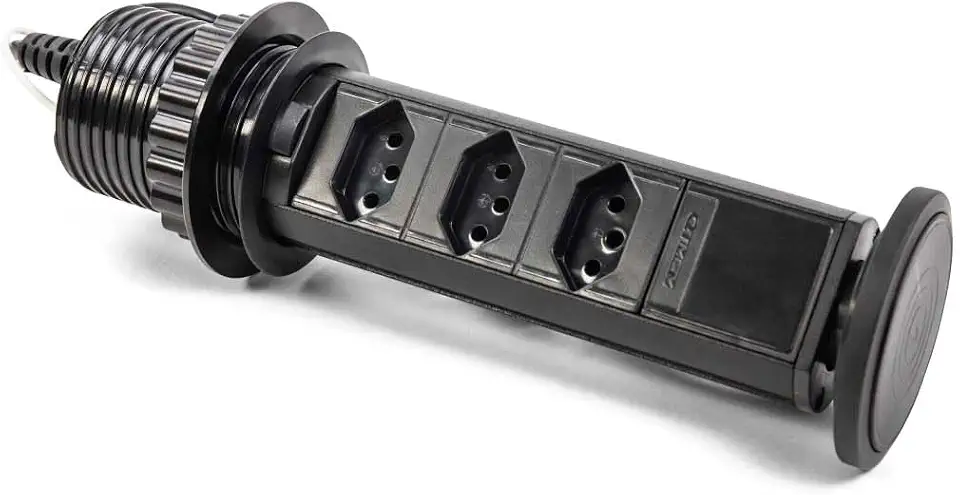 Torre De 03 Tomadas Antichoque Retrátil Multiplug De Embutir 20a (Preta)