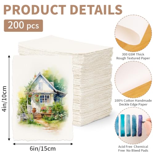 Oleitodh 200 Sheets Cotton Watercolor Paper 4 x 6 Inch, 140lb/300 GSM Handmade Deckled Edge Paper, Textured Watercolor Cardstock for Painting, Wedding Invitations, Greeting Cards & Crafts - Image 2