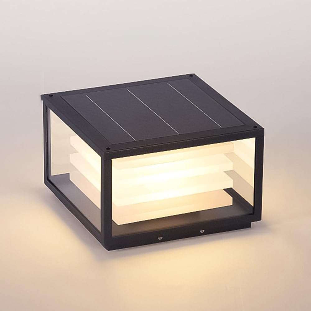 Solar Gate Lamp Post Lights 11.81Inch Modern Black Square Pillar Lamps For Outdoor Porch Waterproof Column Lights Solar Powered LED Pedestal Bollard Lighting Pier Mount Lanterns For Fence Deck Mailbox