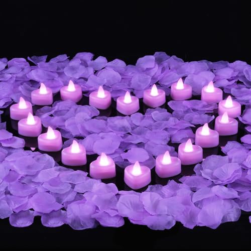 Image of Amagic 2000 Pieces Light Purple Artificial Rose Petals with 24 Light Purple LED Tea Lights, Rose Petals and Candles Set for Proposal, Anniversary, Romantic Night, Wedding Decor