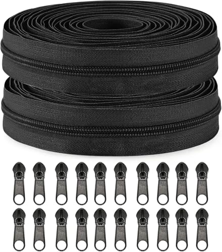 Sawoake 10 Yards Bulk #3 Schwarzer Nylon-Spule-Reißverschluss mit 20 Stück Schieber Ersatznähreißverschluss für DIY-Handwerk Taschen Kleidung Heimdekor