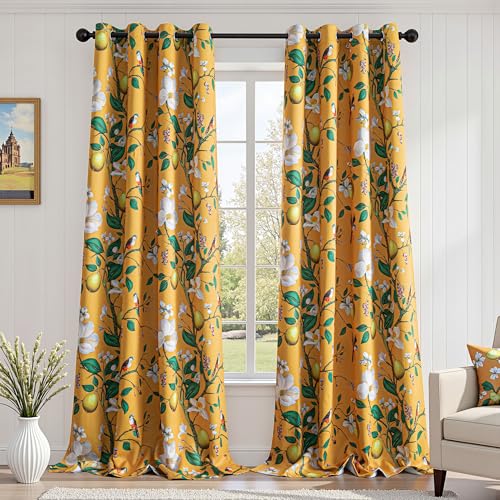 Image of MYSKY HOME Floral Blackout Curtains 95 inches 2 Panels Set for Dining Room Vintage Mid Century Style Lemon Hummingbird Patterned Room Darkening Thermal Insulated Drapes Grommet, W52 per Panel, Yellow