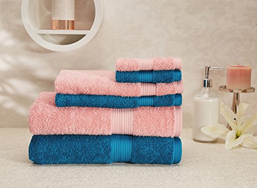 Image of Amazon Brand - Solimo 100% Cotton 6 Piece Towel Set, 500 GSM (Turquoise Blue and Baby Pink)