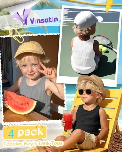 Image of 4 Pack Toddler Boys Cotton Tank Tops | Ribbed, Sleeveless T-Shirts, Summer Undershirts, Slim Fit, Crewneck, Layering, Sizes 18M-5T
