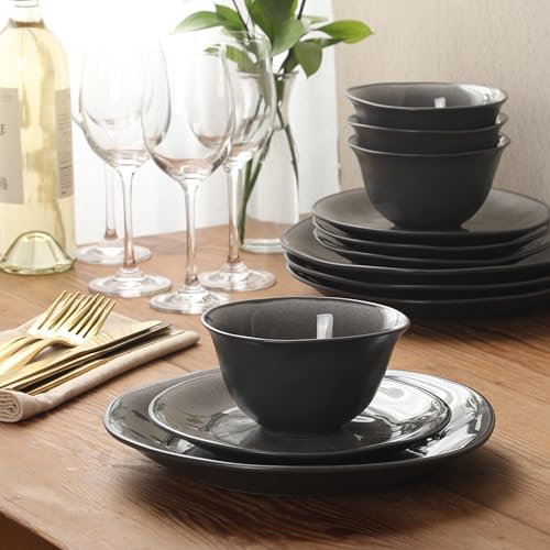 Image of Gibson Elite Port Barton Plates and Bowls Sets, 12-Piece Stoneware Dinnerware Sets, Reactive Glaze Dish Set - Black