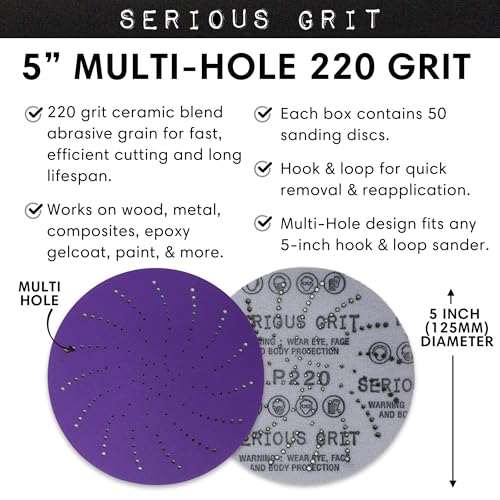Image of Serious Grit - 5-Inch P220 Grit Ceramic Multi-Hole Sanding Discs - 50 Pack | Fits 5 inch Hook & Loop Sanders - Universal Dust Extraction Pattern - Film-Backed Heavy-Duty Sandpaper for Wood, Metal & Paint