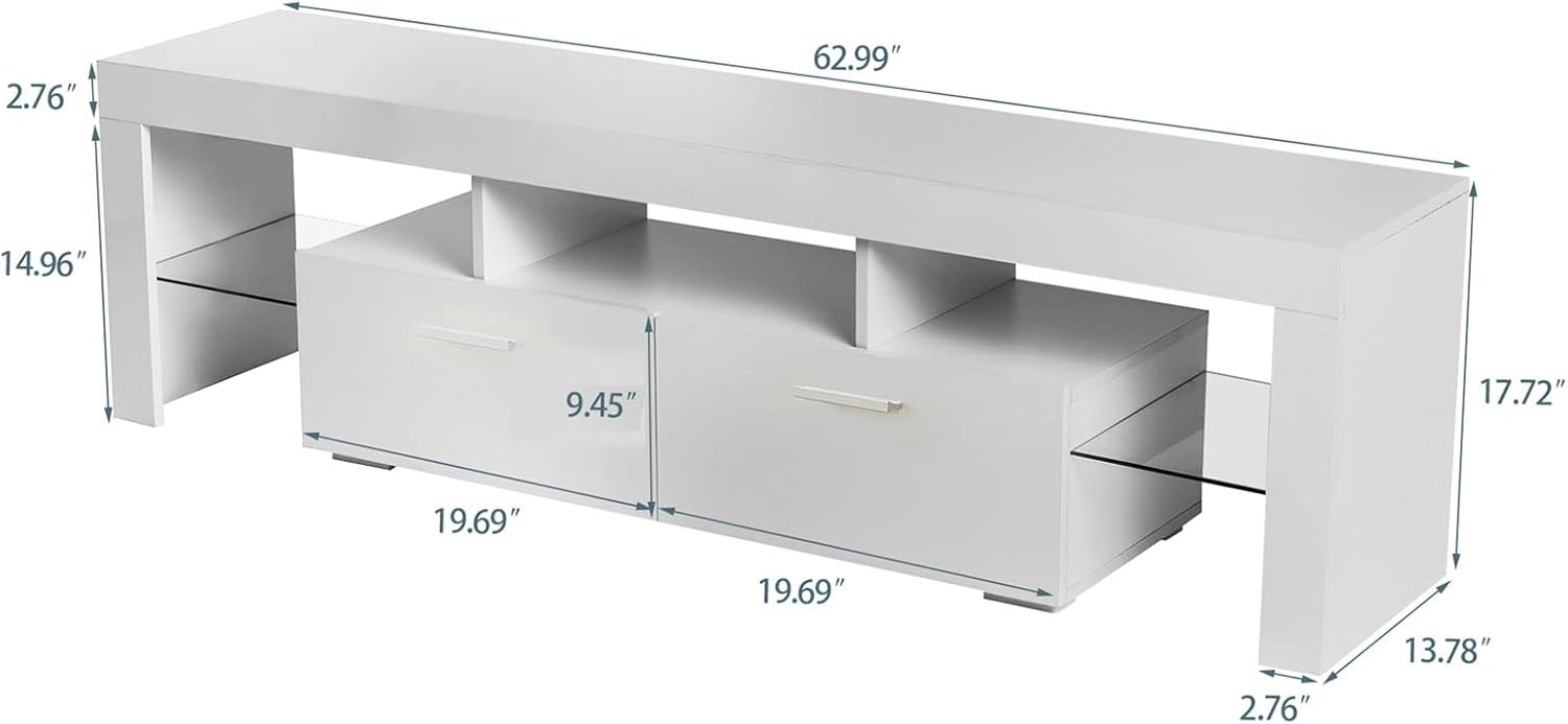 Goujxcy Morden TV Stand, Modern LED TV Stand w/20 Colors Remote Control Lights,High Gloss TV Cabinet w/Storage Open Shelf 2 Drawers, 70 Inch Entertainment Center for Living Room (White7)