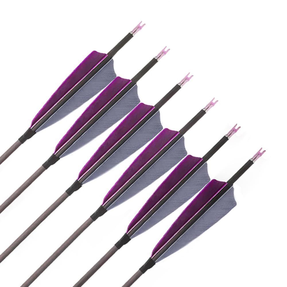 12 pz ID 4,2mm Freccia in Puro-carbonio, Spine 300 400 500 600 700 800 900 1000 Freccia da Caccia, 4" Piuma di Tacchino Grigio Viola, per Ricurvi/Compound Arco Tiro con l'arco