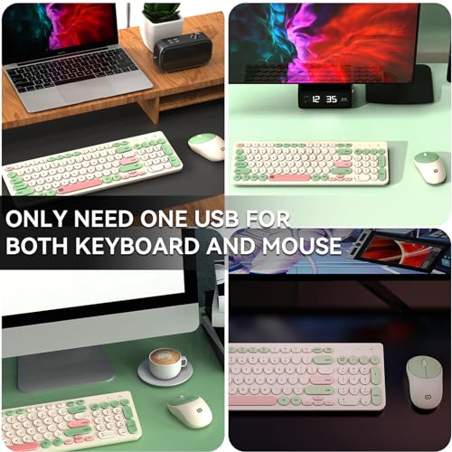 Image of FD Wireless Keyboards and Mouse Combo - 2.4GHz USB Cordless, Cute Wireless Keyboard Round Keys, Quiet and Slim Set for Laptop, Computer, TV and Mac - Milky White Green Colorful