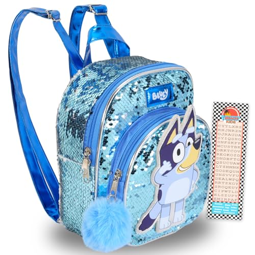 Bluey Mini mochila para meninas – Pacote com mini mochila de 28 cm para crianças com lantejoulas reversíveis e marcador de página | Bolsa Bluey para crianças, meninas