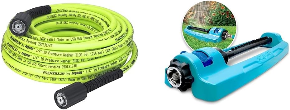 Flexzilla Pressure Washer Hose & Aqua Joe SJI-OMS16 Indestructible Metal Base Oscillating Sprinkler with Adjustable Spray, 3600-Square Foot Coverage