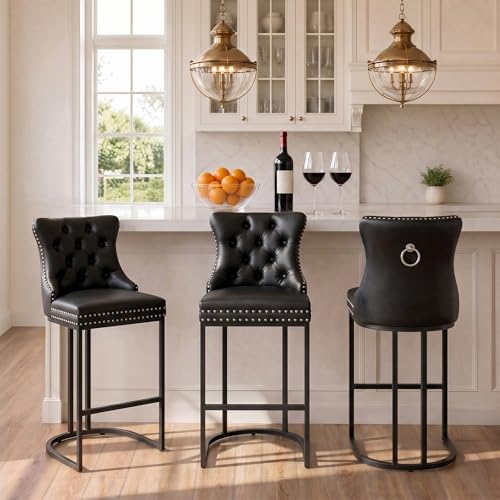 Image of UVV Counter Height Bar Stools Set of 3, 26 inch Modern Barstools with Back, Faux Leather Upholstery Counter Chairs with Metal Legs for Kitchen Island, Bar, Counter, Black