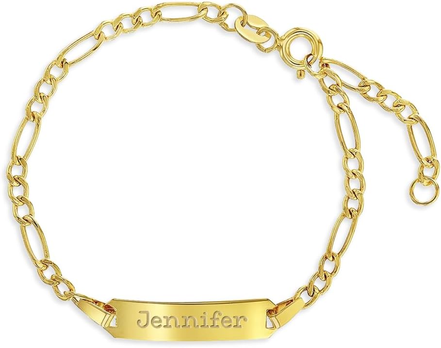 In Season Jewelry 14k Yellow Gold Unisex Adjustable Kids ID Bracelet with Engravable Identification Tag - Cute Figaro Link Chain Rectangular Name Plate Bracelets for Babies & Children
