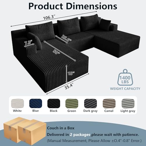 Image of 107 inch W Cloud Sectional Couch,Modern U-Shaped Cloud Couch with Deep Seat,Comfy Corduroy Sofa,Memory Foam Sofa for Living Room,No Assembly (Jet Black,Right-Facing Chaise)