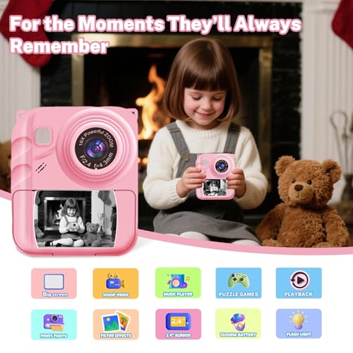 Image of Instant Print Camera for Kids, 1080P Video Camera with 3 Print Rolls | 32GB Card & Cute Cover, Gift for Girls Boys Age 3-12, Toddler Digital Camera with Games, Filters, Music - Pink
