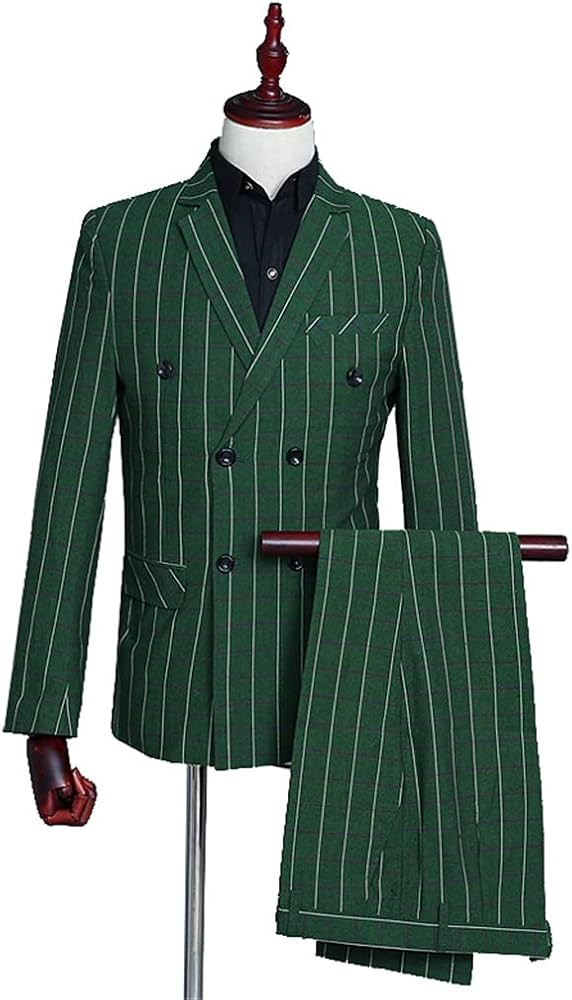 Amazon.co.jp: LEPSJGC メンズスーツグリーンチェックダブルブレスト3