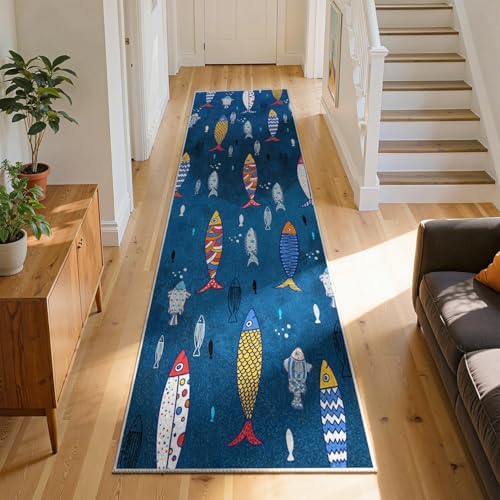 Ocean Runner Rug, 2x6ft Navy Blue Marine Animal Colorful Cute Fis...