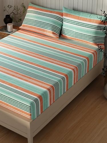 Image of KOPA Extra Smooth Cotton Double Bedsheet with 2 Pillow Covers -3pc Set (Lopez) | Extra Smooth Cotton | 1 Double Bedsheet with 2 King Size Pillow Covers Stripe-red /Green