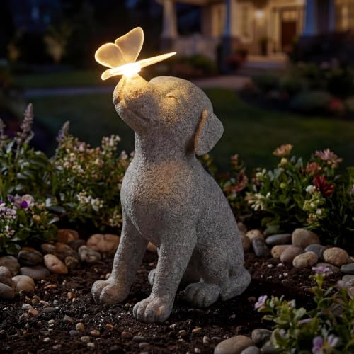Solar Dog Statue with Butterfly Light, Dog Lover Gift Outdoor Garden Decor - image 1