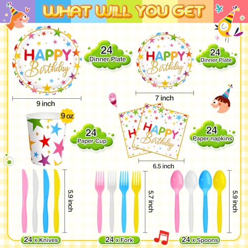 Meanplan LO-MEANPLAN-4071 Serves 24 Guests Happy Birthday Plates And Napkins Rainbow Star Birthday Tableware Set Rainbow Happy Birthday Party Decorations thumb #1