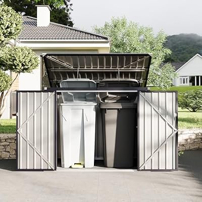2 Trash Cans Metal Outdoor Storage, 3x6 FT Garbage Bin Storage Shed with Chain Lid, Garbage Can Metal Sheds for Garden, Backyard, Lawn and Patio