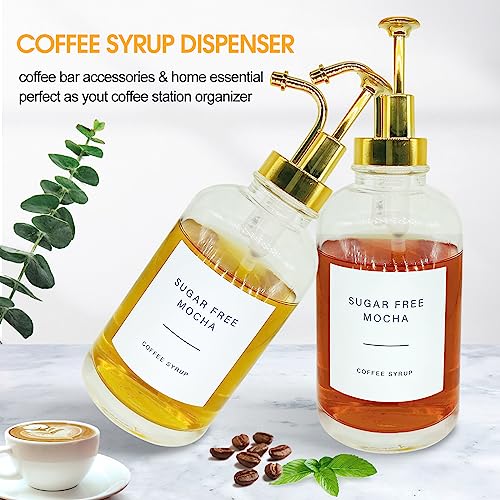 Ulrikco Coffee Syrup Dispenser Coffee Bar, Pump Dispenser w/ Gold Pump & 36 Labels, Glass Syrup Bottles Cinnamon, Vanilla - Image 3