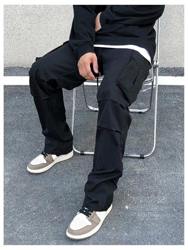 OYOANGLE Men's Drawstring Waist Cargo Pants Straight Leg Outdoor Hiking Trousers Streetwear4