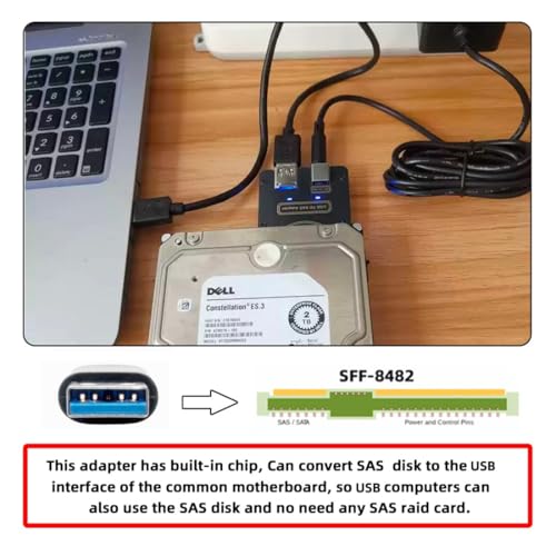 chenyang USB 3.0 auf SAS Adapter für 2,5/3,5 Zoll SFF-8482 SAS-Festplatte auf USB-Konvertierungsadapter, Netzteil Nicht im Lieferumfang enthalten (Benötigt Strom zum Arbeiten)