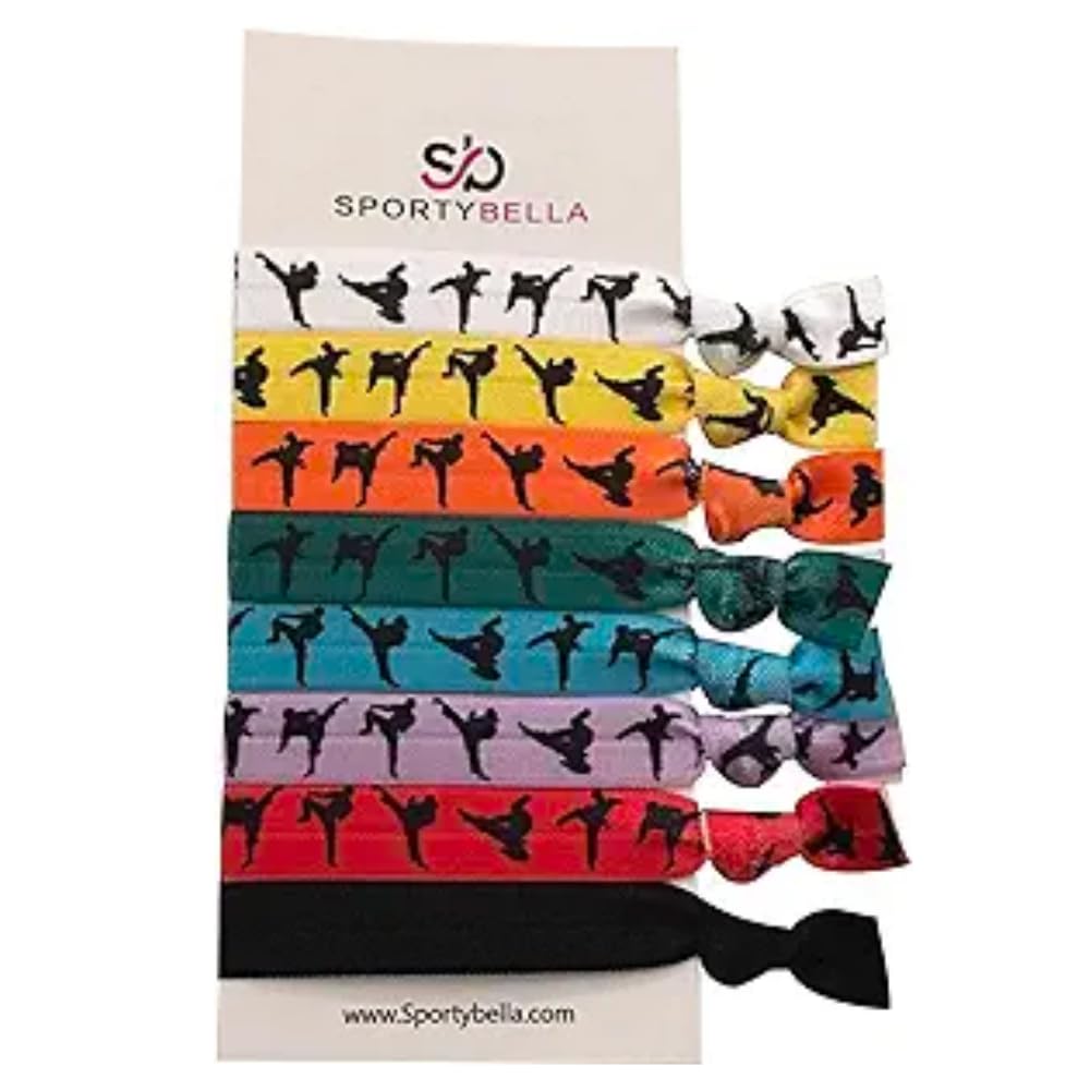 Sportybella Multicolored Karate Hair Ties- Martial Arts Hair Accessories For Girls. No Crease, No Tug Elastic Hair Ties Set. Ponytail Holders for Karate or Martial Artists, Students & Coaches, 8pcs.