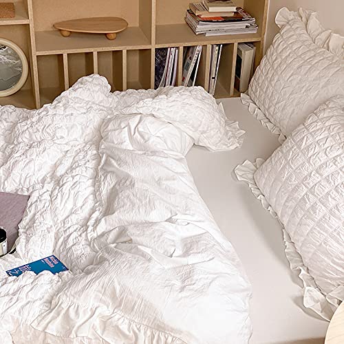 Topbdhomes 4 Pieces Bedding Sheets Set 100% Cotton Girls Teens Family Cream/ White Seersucker Duvet Cover And Pillowcases With Ruffles Full Queen Size Bed Covers Sets (30Ysl-9-2White, Full Size 4Pcs) #TOP4