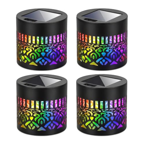 Solar Mandala Lights for Outdoor Wall 4 Pack 7 Color Change Outdoor Metal Fence Lantern IPX6 Waterproof Solar-Powered Outdoor Wall Deck Step Stair Lights for Garden Decor