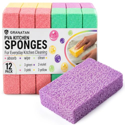 Image of PVA Household Cleaning Sponges, Cleaning Water Absorbent Sponge for Glass, Countertops, Bathroom, Kitchen, Walls, Baseboards, Car, Non Abrasive Long Use Multipurpose Sponge, 12 Pack, 4 Colors