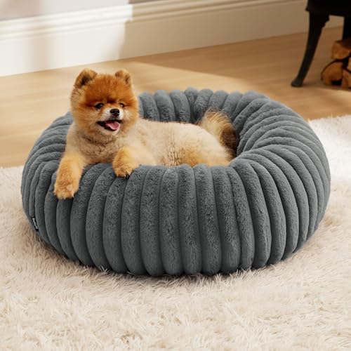 BEDSURE orthopädisches Katzenbett für große Katzen - Flauschiges Donut 58.5x58.5x18cm Hundebett für kleine Hunde mit waschbarem & abnehmbarem Cord-Fleece-Bezug, rutschfeste Unterseite, dunkelgrau