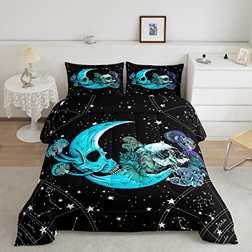 Mushroom Moon and Skull Bedding Set King Size for Kids Teens Men Women Adults,Blue and Black Space Stars Comforter Set for Bedroom Decor,Trippy Mushroom Moon Duvet Insert,Boho Galaxy Down Comforter