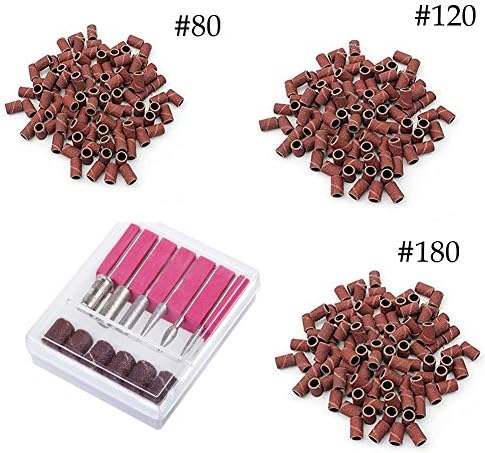Nail Drill Bits Set, 6Pcs Diamond Nail Drill Bit and Nail Sand Bands Portable Professional Manicure Pedicure Acrylic Nail Kit with 50 each #80#120#180 Nail Grit File for Acrylics Gel Nails
