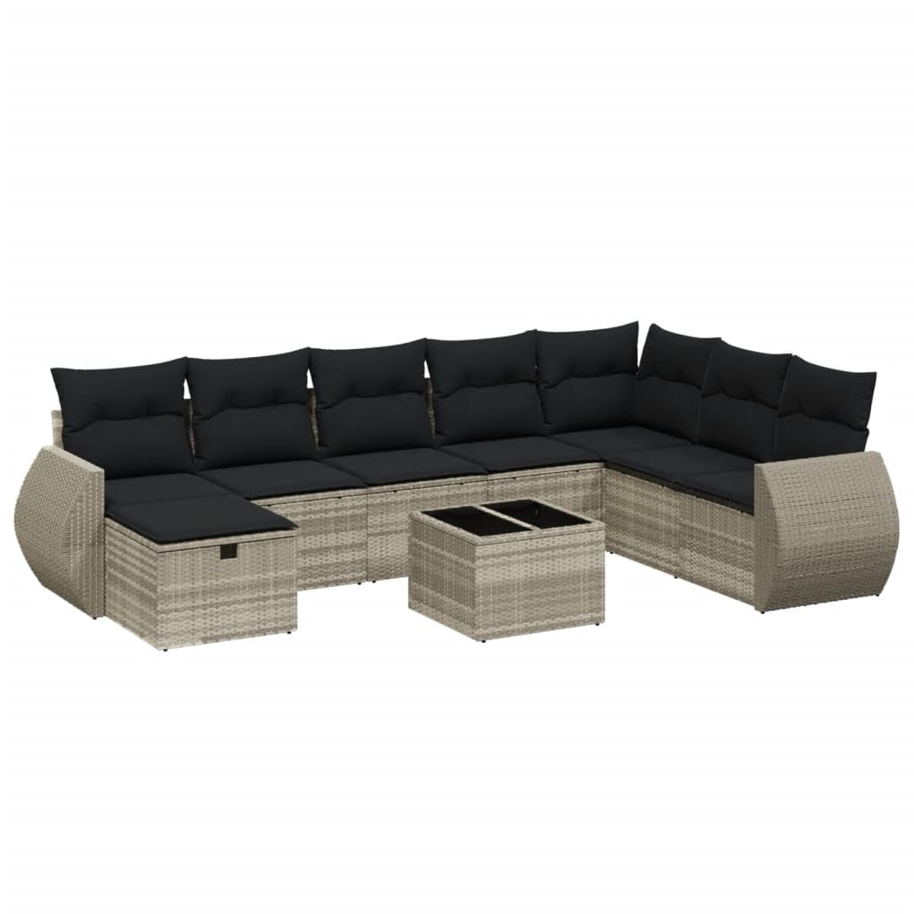 9-TLG. Sofa ogrodowa z poduszką, jasnoszara, poly rattanowa, zestaw wypoczynkowy do użytku na zewnątrz, modułowe meble ogrodowe ze szklaną płytą, odporna na promieniowanie UV, nośność 110 kg