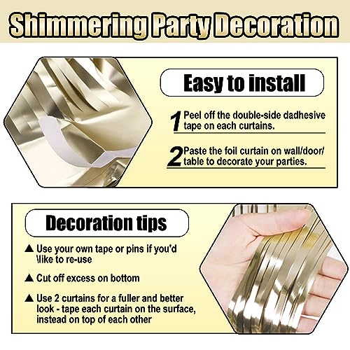 Image of 6 Pack Light Gold Foil Fringe Curtain Backdrop, 3.28Ft x 8.2Ft Metallic Tinsel Foil Fringe Streamer Curtains for Photo Booth, Christmas Day, Thanksgiving, Wedding, New Year Party Decorations